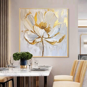 Hand Painted Oil Painting Abstract Floral Art Gold White <b>Flower</b> Modern <b>Wall</b> Art For Living Room Dining Room Entrance Decor - Product Image 2
