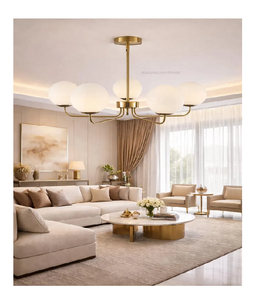 Elegant Mid Century Modern 5 <b>Light</b> Brass Sputnik Linear Chandelier With Frosted Glass Globe Shades Ceiling Pendant <b>Light</b> - Product Image 1