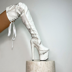 Tamaño grande 20cm tira de baile en barra gladiador plataforma Sexy fetiche 8 pulgadas con cordones sobre <span class=keywords><strong>la</strong></span> rodilla botas tacones finos Retro punta redonda fiesta - Product Image 3