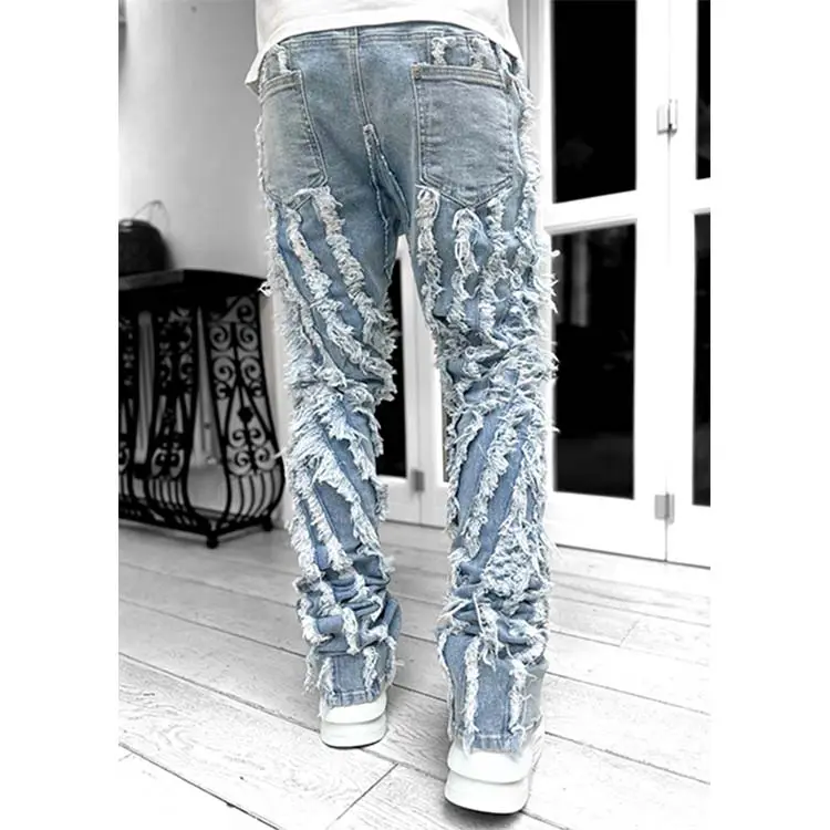 Hip Hop Vintage Washed Distressed Pantalon déchiré Pantalon empilé Denim Flare Hommes Jeans