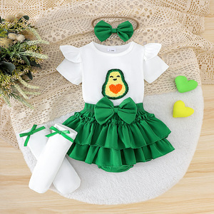 Set di Abbigliamento Estivo per <span class=keywords><strong>Neonata</strong></span> 3 Pezzi con Ricamo di Frutta Tutina per Neonati con Fascia per Capelli e Calzini - Product Image 2