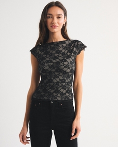 Leduo Customized <b>Women</b> Flower Pattern Lace Cap Sleeve <b>Top</b> Boat Neck Slim Fit Sheer <b>Mesh</b> Casual Daily Wear Blouse - Product Image 2
