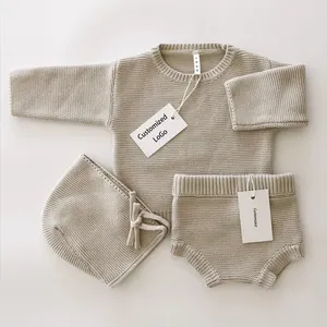 New Born Organic Cotton Outfit Knitted Set Chunky Baby Sweater three-piece Clothes Knit Baby Clothing Set