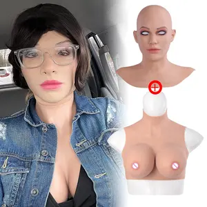 Mascherina per la testa femminile in Silicone con seno da maschio a femmina faccia da donna grandi tette E tazza per Crossdresser di Halloween Masquerade