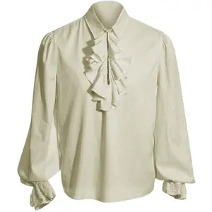 White Ruffles Turn Down Collar Lantern Sleeve Victorian Renaissance Vintage Shirt Men Vampire & Pirate Halloween Gothic Clothes