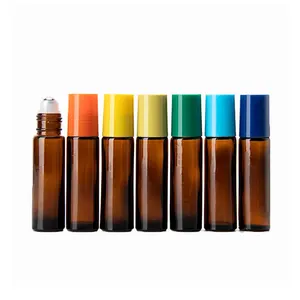 Quality Wholesale empty perfume oil 10ml Amber long roll on glass bottle with roller ball Stainless Roller/ Plastic Cap