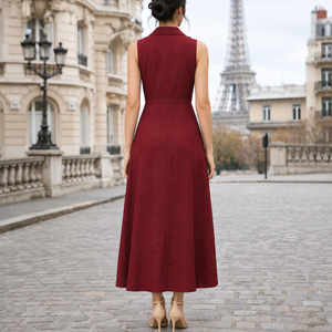 Elegante Vestido Midi Rojo Sin Mangas con Solapas en Punta y Botones al Frente, Estilo Tubo Ajustado para Oficina, Ropa de Otoño, Tela de Lino - Product Image 2