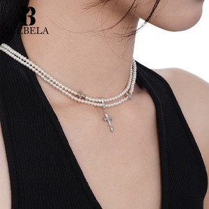 ICEBELA Trendy Luxo Coreano Elegante Plata 925 Sterling <span class=keywords><strong>Silver</strong></span> Chic Dupla Camada Pérola Cadeia Pingente Cruz Colares para As Mulheres - Product Image 6