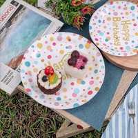 Assiettes jetables à pois extra épaisses, imprimées UV, écologiques, très demandées pour la décoration de table de fête, robustes et durables