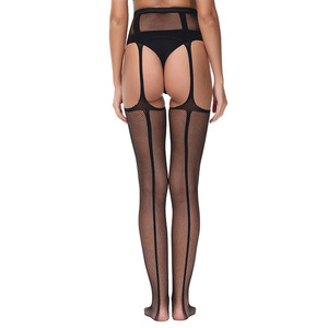 Bas résille sexy noirs en soie, mi-transparents, avec dentelle, effet filet de pêche, anti-accrocs - Product Image 2