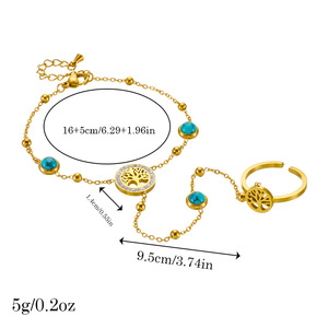 Tree Of Life Gold Plated Stainless Steel <b>Bracelet</b> With Turquoise Stones Open Ring <b>Set</b> For Women Gift Jewelry - Product Image 4