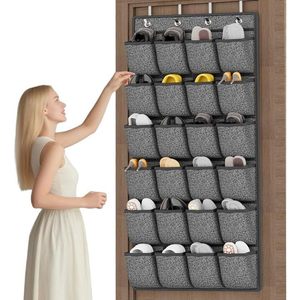 Organisateur de chaussures à suspendre sur la porte, 24 poches, support de rangement suspendu pour porte de placard, porte-chaussures, aspect lin, noir - Product Image 1