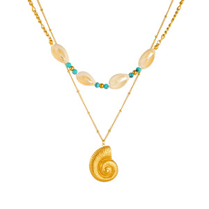 Retro Turquoise Conch Shell Layered Necklace Gold Pendant Stainless Steel Double Chain Stackable Fashion Jewelry - Product Image 5
