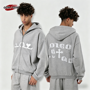 Custom OEM Heavyweight 100% Cotton Hoodie <b>Zip</b> up Oversized Raw Edge Patchwork Vintage Streetwear Unisex Full <b>Zip</b> <b>Hooded</b> Jacket - Product Image 2