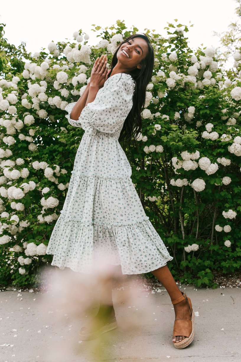 sachin and babi light blue dress Boho Flower Casual Dresses Boho Floral Print Empire Waist Puff Sleeve Maxi  Dress
