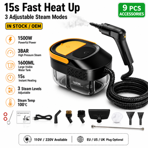 เครื่องทำความสะอาดไอน้ำแบบพกพา OEM ODM ทนความร้อนสูง 1500W ชาร์จผ่าน USB/ไฟฟ้า แรงดัน 3 บาร์ ปรับได้ ถังน้ำ 1600 มล. ร้อนเร็วภายใน 15 วินาที ใช้ได้กับรถยนต์ บ้าน และห้องครัว - Product Image 2