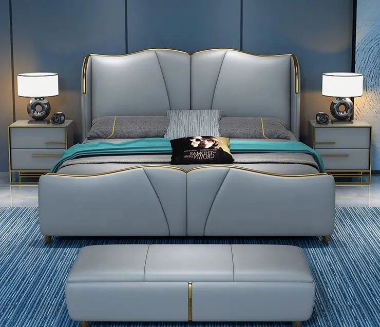 हांगकांग शैली चमड़े लक्जरी बिस्तर राजा आकार बिस्तर के साथ भंडारण बेडरूम फर्नीचर