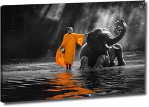 Vente en gros d'art mural <span class=keywords><strong>noir</strong></span> <span class=keywords><strong>et</strong></span> <span class=keywords><strong>blanc</strong></span> décor de bouddha peinture sur toile zen peinture thaïlandaise éléphant moine rivage d'eau peinture de tir - Product Image 5