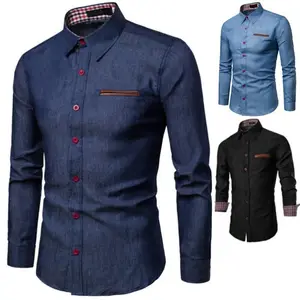 Spring and fall men's casual shirt pockets patchwork leather cotton Slim long-sleeved shirt denim shirt men