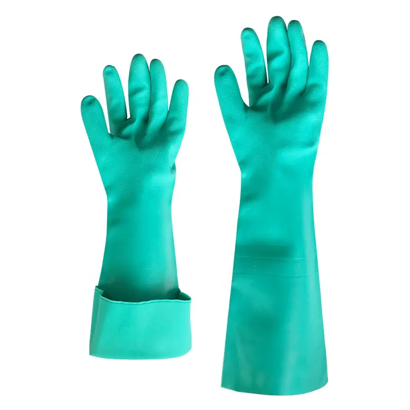 Wholesale long cuff nitrile chemical resistant acid and alkali resistant gloves unlined nitrile gloves