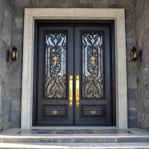 Puertas de Entrada Dobles de Seguridad de Metal y Vidrio, Estilo Francés <span class=keywords><strong>Moderno</strong></span>, de Acero y Hierro Forjado, Marca Sunnysky - Product Image 1