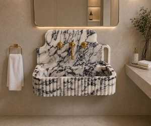 Vasque de salle de bain moderne de luxe en résine marbrée et quartz, à poser sur le meuble, pour salle de bain contemporaine - Product Image 1