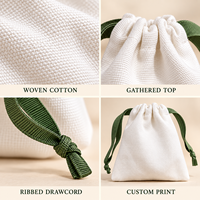 Sac de rangement en coton tissé blanc avec cordon de serrage et ruban vert, pochette personnalisée avec logo imprimé pour emballage de cadeaux et de bijoux