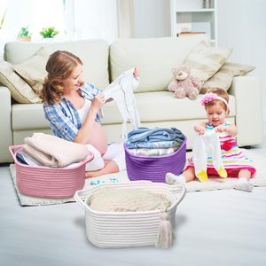 Grand panier de <span class=keywords><strong>rangement</strong></span> rectangulaire en corde de coton tissé pliable poignée colorée pépinière bébé tissu jouet stockage durable en gros - Product Image 4
