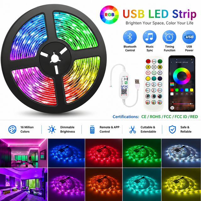 Custom 5050 RGB LED Strip Light Bluetooth App Control Music Sync Color Changing LED Tape Lights Factory Wholesale