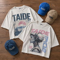 Kaos Boxy Crop TaiDe ZDHC Compliant 280GSM dengan Grafis Vintage Fuji Cyber Robot, Raw Hem, Warna Off White, Streetwear Pria, Produksi Terbatas