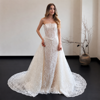 Robe de mariée en dentelle ivoire, épaules dénudées, manches longues Bardot, corset, traîne sirène, bordure festonnée, sur mesure, vente en gros