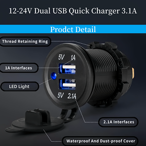 Cargador de Encendedor de Cigarrillos con Doble USB 5V/2.1A y 1A, Enchufe Universal Marino con 2 Puertos USB-A y Salida de Corriente de 12V para Barco, Camión, Auto, Autobús, UTV - Product Image 3