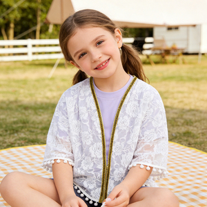 Robe kimono en dentelle blanche pour petite fille, manches courtes, avec pompons, pour bébé, tout-petit, enfant, cardigan en tricot, couleurs personnalisées - Product Image 1