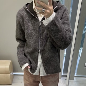 OEM <span class=keywords><strong>Cardigan</strong></span> in Mohair con <span class=keywords><strong>cerniera</strong></span> completo lavorato a maglia maglione misto grande cappotto Casual con cappuccio per gli uomini - Product Image 5