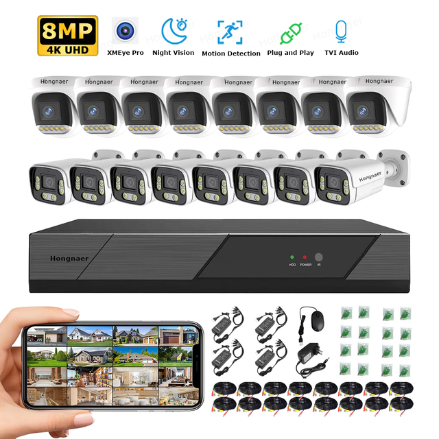 Hongnaer HD 2/5/8MP DVR 4/8/16 Channel Home 4K Security Camera Kit Surveillance System XMEye Pro ICSee Analog CCTV Camera System