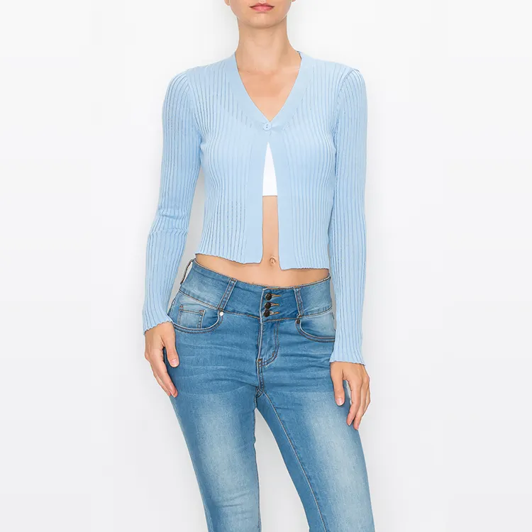 Oem Sweater V-Neck Button Up Plain Cute Girl Cotton Cardigan Sweater Ladies Light Blue Spring Summer Crop Card For Women