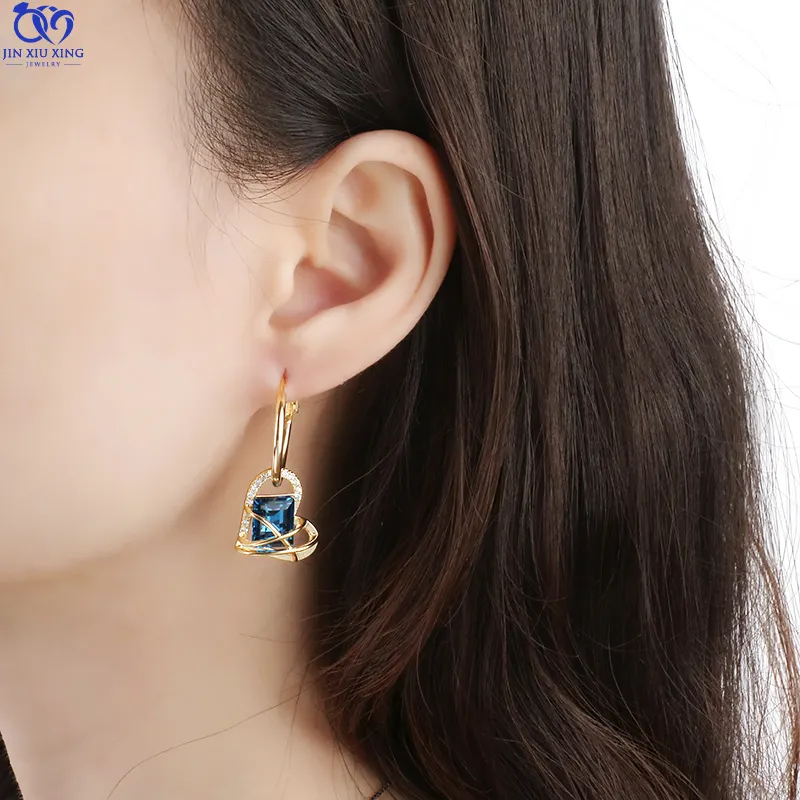 JXX Hot Sale 18K Gold Plated Heart-shaped Lock Hoop Earrings for Women Navy Blue Zircon Pendant S925 Drop Huggie Earrings