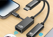 Adaptateur de chargeur USB-C double 2-en-1 avec distribution de courant USB-C, charge rapide 3A, blindage tressé PVC/Nylon pour ordinateur, iPhone 16, iPad