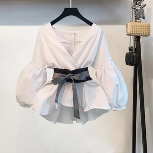 Camicia <span class=keywords><strong>Oversize</strong></span> con maniche a lanterna all'ingrosso camicia da <span class=keywords><strong>donna</strong></span> alla moda coreana con fiocco a strisce con scollo a v elegante camicetta femminile <span class=keywords><strong>abbigliamento</strong></span> da <span class=keywords><strong>donna</strong></span> - Product Image 2