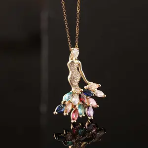 SISSLIA New Fashion Colored Zircon Copper Gold Plated Hip Hop Pendant Statement Necklace Dancing Girl Angel