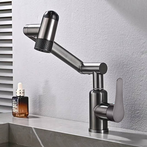 Grifo de Lavabo de Acero Inoxidable con Doble Manija, Monomando, Montaje en Cubierta, Diseño Moderno de Brazo Robótico, Activación por Levantamiento, Agua Fría y Caliente - Product Image 2