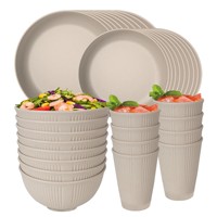 Ensemble de vaisselle en paille de blé pour 6 personnes, 24 pièces, compatible micro-ondes et lave-vaisselle, bols et assiettes en plastique réutilisables pour le camping