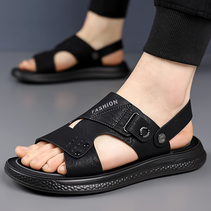 <strong>Men</strong> Casual Summer Leather <strong>Sandals</strong> Flat Design with Slip-On Closure Black and <strong>Brown</strong> Soft Breathable for Outdoor Activities - Product Image 2