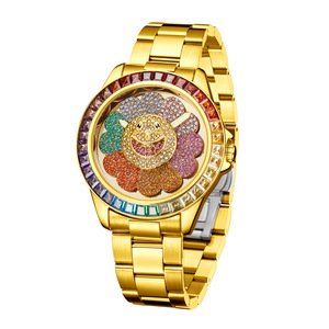 Montre de luxe pour homme en acier inoxydable, style Hip Hop, avec cadran rotatif floral, incrustée de diamants, couleur or - Product Image 1