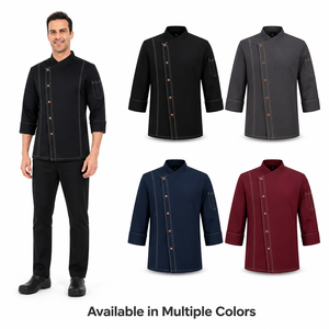 Veste de <span class=keywords><strong>chef</strong></span> en sergé polycoton avec patte de boutonnage à pression, poignets 3/4 retroussables, surpiqûres contrastées, uniforme de cuisine, logo brodé personnalisé - Product Image 2