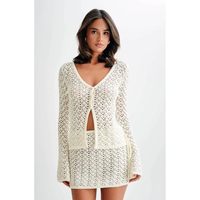 Conjunto de Dos Piezas de Ganchillo Blanco Personalizado 2026, Cuello en V, Manga Larga, Falda Línea A, Traje de Playa Hueco para Verano