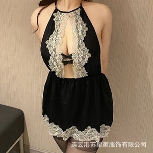 Conjunto de camisón sexy de talla grande para mujer, con cuello halter, ligeramente transparente, pijama para chicas con curvas, camisón sin espalda - Product Image 1