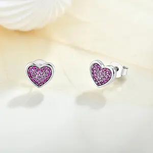 Custom OEM Designer Fine Jewelry Women 925 Silver Cubic Zirconia Cute Heart Shaped Studs Earrings