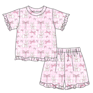 GSSO3341 Conjunto de verano personalizado para niña pequeña, con estampado de lazos rosas, conjunto de pantalones cortos de verano para niña, venta al por mayor - Product Image 6