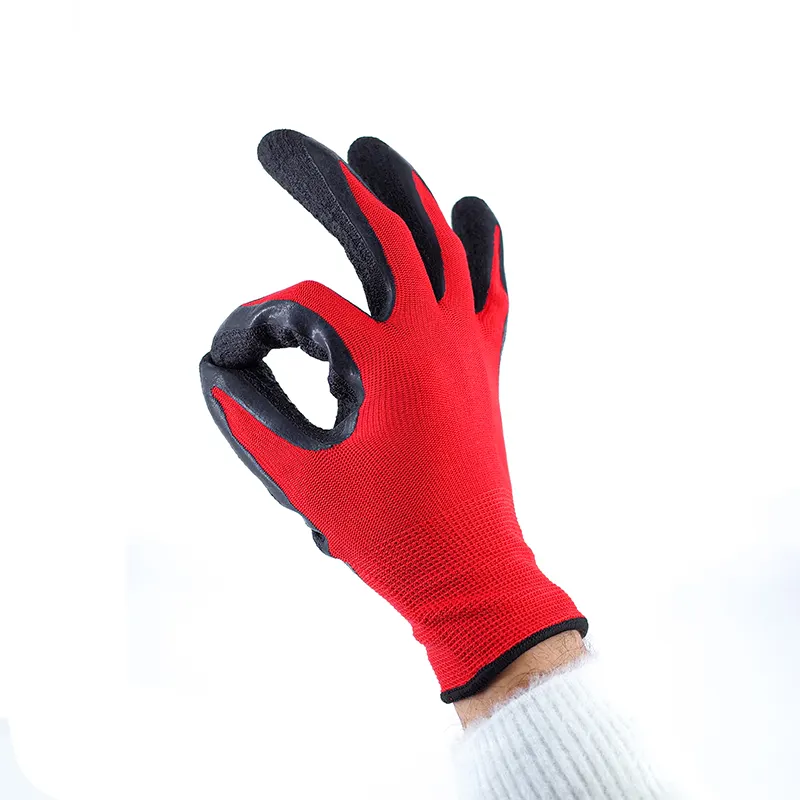 Factory Hot Sale 13G Red Polyester Black Latex Finish Cheap Latex Coated Crinkle Latex Working Gloves For Construction